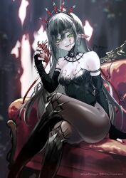 1girl arm_strap armor armpit_crease bare_shoulders black_gloves black_nails blood blood_on_chest blood_on_face blood_splatter breasts cleavage couch crossed_legs crown detached_collar double-parted_bangs ear_chain elbow_gloves fingerless_gloves gloves greaves green_eyes grey_hair hair_between_eyes heart_(organ) highres indie_virtual_youtuber layna_lazar leotard linked_piercing long_hair looking_at_viewer open_mouth pampamgon pantyhose pointy_ears sitting solo thorns virtual_youtuber