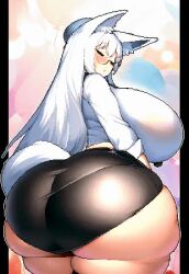 1girl 2024 :o animal_ears animated animated_gif ass ass_focus balloon black_skirt black_thighhighs blush borrowed_character bouncing_ass bouncing_breasts breasts commentary cowboy_shot curvy dated feet_out_of_frame female_focus fox_ears fox_girl fox_tail glasses hat huge_ass huge_breasts kyosuke_fujiwara long_hair long_sleeves looking_back microskirt original pixel_art plump shirt signature skindentation skirt solo tail thick_thighs thighhighs thighs undersized_clothes very_long_hair white_hair white_shirt wide_hips yellow_eyes
