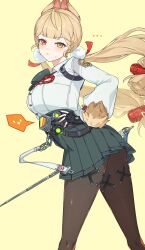 ... 1girl absurdres alice_thymefield awe_(adorableduckyy) blonde_hair brown_pantyhose hair_ornament heterochromia highres low_twintails orange_eyes pantyhose pom_pom_(clothes) pom_pom_hair_ornament rapier simple_background solo sphere_hair_ornament sword twintails weapon yellow_background zenless_zone_zero