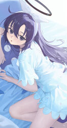 1girl absurdres blue_archive blue_eyes blue_hair blue_shirt blue_shorts commentary facing_viewer from_behind hair_ribbon halo highres lan001 long_hair looking_back mechanical_halo official_alternate_costume open_mouth ribbon shirt short_sleeves shorts solo thighs yuuka_(blue_archive) yuuka_(pajamas)_(blue_archive)