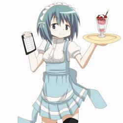 10s 1girl alternate_costume animated animated_gif anna_miller blue_eyes blue_hair bouncing_breasts breasts female_focus food hair_ornament hairclip hangaku mahou_shoujo_madoka_magica mahou_shoujo_madoka_magica_(anime) maid_headdress matching_hair/eyes miki_sayaka official_style parfait short_hair small_breasts solo spinning tray waitress