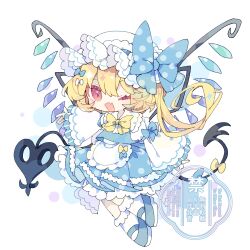 Rule 34 | 1girl, :d, absurdres, alternate color, apron, blonde hair, blue bow, blue shoes, blue skirt, blue vest, bobby socks, bow, bowtie, collared shirt, commentary request, fang, flandre scarlet, frilled shirt collar, frilled skirt, frills, full body, grey background, hair between eyes, hair bow, hat, hat bow, highres, laevatein (touhou), long hair, long sleeves, looking at viewer, mob cap, nikorashi-ka, open mouth, outstretched arm, red eyes, shirt, shoes, skin fang, skirt, smile, socks, solo, touhou, vest, watermark, white apron, white bow, white hat, white shirt, white socks, wide sleeves, wings, yellow bow, yellow bowtie