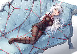 1girl absurdres animal_ear_fluff animal_ears arms_behind_back bdsm black_dress black_pantyhose bondage bound bound_arms bound_legs breast_bondage breasts collared_dress couch dress highres long_hair looking_at_viewer lying maid_headdress medium_breasts nipples on_back on_couch on_side open_mouth original pantyhose red_eyes remiliacn_(pixiv_13839440) shibari shibari_over_clothes simple_background skindentation solo t_zhonglang very_long_hair white_background