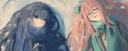 2girls absurdres alternate_costume black_hair black_jacket blue_archive blue_bow blue_scarf blush bow brown_jacket closed_eyes closed_mouth glasses hair_between_eyes hair_bow hairband highres jacket long_hair looking_at_another lying medamayaki27760 multiple_girls on_back open_mouth orange_hair purple_eyes purple_hairband purple_scarf scarf shimiko_(blue_archive) shirt sidelocks ui_(blue_archive) white_shirt
