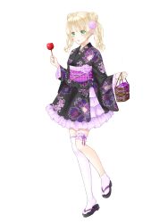Rule 34 | 1girl, braid, braided bun, candy apple, chain paradox, chika tsubana (tw), double bun, flower, food, full body, green eyes, hair bun, hair flower, hair ornament, highres, iris testarossa, japanese clothes, kimono, kinchaku, medium hair, obi, pouch, print kimono, sandals, sash, single thighhigh, solo, standing, thigh strap, thighhighs, transparent background, twintails, wide sleeves