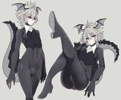 1boy alternate_costume androgynous antenna_hair bodysuit bulge covered_navel cowboy_shot cropped_vest dragon_boy dragon_tail dress_shirt fate/apocrypha fate_(series) full_body grey_background grey_bodysuit grey_hair hair_between_eyes haoro head_wings high_heels highres leg_up linea_alba male_focus multiple_views red_eyes shirt short_hair sieg_(fate) solo tail trap vest white_shirt wings