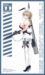 Rule 34 | 1girl, absurdres, alternate costume, animal ears, bare shoulders, bayonet, black leotard, blue eyes, blush, bolt action, bow, bowtie, breasts, brown hair, character name, cleavage, detached collar, fake animal ears, flight deck, gun, highres, intrepid (kancolle), kantai collection, knife, large breasts, leotard, looking at viewer, m1903 springfield, odachu, playboy bunny, ponytail, rabbit ears, rabbit tail, rifle, short hair, smile, solo, strapless, strapless leotard, tail, weapon, wrist cuffs