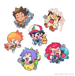 ash_ketchum asymmetrical_hair blue_shorts brock_(pokemon) creatures_(company) denim denim_shorts game_freak gen_1_pokemon gen_2_pokemon green_eyes hair_tie highres james_(pokemon) jessie_(pokemon) meowth misty_(pokemon) nintendo one_eye_closed onix orange_hair pikachu pokemon pokemon_(anime) pokemon_(classic_anime) ponytail shorts side_ponytail sleeveless smile staryu suspender_shorts suspenders victreebel wink wobbuffet