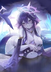 Rule 34 | + +, 1girl, absurdres, bikini, bikini under clothes, black bikini, breasts, cleavage, colored skin, crossed bangs, facial mark, fins, fish tail, grey skin, hair between eyes, halo, halo around horn, highres, indie virtual youtuber, jewelry, large breasts, long hair, mayutsuba mono, megalodon (vtuber), necklace, purple eyes, purple hair, purple nails, see-through clothes, shark girl, shark tail, sharp teeth, solo, swimsuit, tail, teeth, virtual youtuber, wet, wet clothes