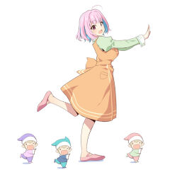 ._. 1girl :d ahoge blue_hair blue_headwear blue_pants blue_shirt brown_dress brown_hair cosplay crossover dress fairy_(jintai) fang full_body green_shirt idolmaster idolmaster_cinderella_girls jinrui_wa_suitai_shimashita juliet_sleeves long_sleeves looking_at_viewer looking_to_the_side multicolored_hair open_mouth pants parody pink_hair pink_shirt pink_shoes puffy_sleeves purple_eyes purple_headwear purple_pants real_world_(jintai) red_headwear red_pants revision shirt shoes sleeveless sleeveless_dress smile standing standing_on_one_leg sweat two-tone_hair uccow watashi_(jintai) watashi_(jintai)_(cosplay) white_background yumemi_riamu