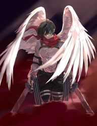 Rule 34 | 1girl, absurdres, angel wings, black hair, black pants, blood, breasts, chest harness, closed eyes, commentary request, darao (daradara suyaaa), dual wielding, feathered wings, feathers, feet out of frame, hair between eyes, harness, highres, holding, holding weapon, long sleeves, medium breasts, mikasa ackerman, pants, paradis military uniform, partially submerged, red scarf, scarf, shingeki no kyojin, shirt, short hair, solo, standing, three-dimensional maneuver gear, twitter username, weapon, white feathers, white shirt, white wings, wings