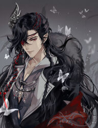1boy alternate_costume alternate_hairstyle beads black_hair black_hanfu braid bug butterfly chinese_clothes cleavage_cutout clothing_cutout coat coat_partially_removed collarbone collared_robe collared_shirt earrings eyepatch fang fur-trimmed_robe fur_trim grey_background grey_shirt hair_beads hair_ornament hair_ribbon hanfu highres hua_cheng insect jewelry lapels long_hair looking_at_viewer male_focus necklace off_shoulder one_eye_covered open_clothes open_coat parted_lips pectoral_cleavage pectorals pointy_ears red_coat red_eyes red_ribbon ribbon robe ronpu_cooing shirt side_braids silver_necklace smile solo tianguan_cifu tress_ribbon upper_body white_butterfly
