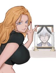 1boy 1girl bleach blue_eyes breasts candle crop_top ichimaru_gin large_breasts lips long_hair matsumoto_rangiku mole mole_under_mouth orange_hair p_glansk peace_symbol simple_background white_background