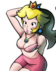 Rule 34 | 1girl, arm behind back, arm behind head, armpits, black eyes, blonde hair, bra, breasts, cleavage, donutpastry, highres, jewelry, large breasts, legs, long hair, looking at viewer, mario (series), navel, necklace, nintendo, official style, pink bra, ponytail, princess peach, sitting, skirt, solo, thighs, underwear