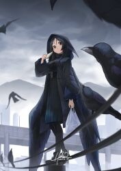Rule 34 | 1girl, absurdres, arm at side, artist name, bag, belt, bird, bird girl, bird wings, black belt, black coat, black hair, black pantyhose, black shoes, black skirt, black sweater, black wings, breasts, bridge, brown eyes, coat, commentary request, crow, dated, day, feathered wings, fog, food, frilled sleeves, frills, from below, from side, full body, grey sky, hand up, heel up, high-waist skirt, highres, holding, holding bag, holding food, holding sandwich, hood, hood up, hooded coat, hz (helu 2), long hair, long sleeves, looking at animal, looking down, looking to the side, medium breasts, mountain, multiple belts, open clothes, open coat, original, outdoors, overcast, pantyhose, parted bangs, parted lips, plastic bag, pleated skirt, puffy long sleeves, puffy sleeves, raised eyebrows, ribbed sweater, sandwich, shoes, shopping bag, sideways glance, signature, skirt, sky, sneakers, solo, standing, sweater, turtleneck, turtleneck sweater, wings
