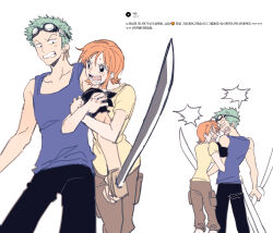 1boy 1girl absurdres angry arm_hug bandana bandana_around_arm black_bandana black_pants blue_shirt brown_shorts collarbone commentary_request earrings from_behind goggles goggles_on_head green_hair highres holding holding_sword holding_weapon jewelry katana korean_commentary looking_at_another multiple_views nami_(one_piece) norya_rmfla one_piece open_mouth orange_hair pants request_inset roronoa_zoro sharp_teeth shirt short_sleeves shorts simple_background sleeveless sleeveless_shirt sweatdrop sword teeth weapon white_background yellow_shirt