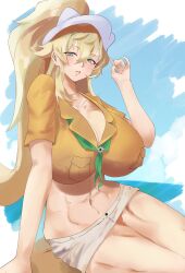 1girl abs absurdres barghest_(fate) barghest_(swimsuit_archer)_(first_ascension)_(fate) blonde_hair blue_sky blush breasts cleavage fate/grand_order fate_(series) green_eyes grey_hat grey_skirt hat high_ponytail highres huge_breasts long_hair looking_at_viewer midriff miniskirt muscular muscular_female navel neckerchief pencil_skirt ponytail s4ika shirt short_sleeves sidelocks skirt sky solo thick_thighs thighs yellow_shirt