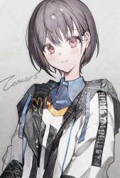 1girl absurdres ajirui bang_dream! bang_dream!_it&#039;s_mygo!!!!! blush brown_hair character_name closed_mouth commentary drawstring expressionless grey_background highres hood hooded_jacket jacket looking_at_viewer open_clothes open_jacket red_eyes short_hair simple_background solo takamatsu_tomori upper_body