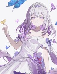1girl bare_shoulders breasts bug butterfly castorice_(honkai:_star_rail) castorice_(star_rail_live_2025)_(honkai:_star_rail) cleavage commentary_request dress highres honkai:_star_rail honkai_(series) insect jewelry kiina_(mrnsor) long_hair looking_at_viewer medium_breasts necklace official_alternate_costume pearl_necklace purple_eyes purple_hair smile solo tiara white_background white_dress