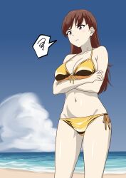 1girl absurdres bikini blue_sky bone_namu(namu49850) breasts brown_eyes brown_hair cleavage cloud commentary_request crossed_arms day feet_out_of_frame front-tie_bikini_top front-tie_top gold_bikini highres kantai_collection long_hair medium_breasts ooi_(kancolle) outdoors side-tie_bikini_bottom sky solo spoken_squiggle squiggle swimsuit