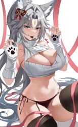 1girl absurdres animal_ear_fluff animal_ears arm_warmers bare_shoulders black_panties black_thighhighs bow breasts chocolate cleavage_cutout clothing_cutout collarbone cropped_sweater feixiao_(honkai:_star_rail) food_in_mouth forehead_jewel fox_ears fox_girl garter_straps green_eyes grey_hair grin hair_bow heart high_ponytail highres honkai:_star_rail honkai_(series) large_breasts long_hair looking_at_viewer navel panties paw_pose pink_ribbon ponytail red_bow ribbed_sweater ribbon side-tie_panties sitting skindentation sleeveless sleeveless_sweater smile solo stomach sweater teeth thighhighs thuban_ap turtleneck turtleneck_sweater underwear very_long_hair white_sweater