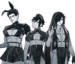 3boys corset crossdressing hat highres male_focus multiple_boys naruto_(series) naruto_shippuuden nun nurse_cap passion07253741 pectorals rabbit_ears revealing_clothes scar scar_on_face see-through_clothes short_hair uchiha_madara uchiha_obito uchiha_sasuke