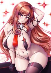 1girl areola_slip arm_up arms_behind_head blush breasts brown_hair choker commentary covered_erect_nipples curvy detached_collar english_commentary goddess_of_victory:_nikke highres huge_breasts long_hair looking_at_viewer navel necktie rapi_(nikke) sevie skindentation slingshot_swimsuit smile solo star_(symbol) stomach swimsuit thick_thighs thighhighs thighs wide_hips