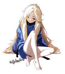 1girl absurdres arm_support artist_name barefoot big_hair blue_coat blue_eyes blush clip_studio_paint_(medium) coat commentary diana_(pragmata) english_commentary feet full_body highres knee_up little_girl_(pragmata) loli long_hair looking_at_viewer making-of_available parted_bangs pragmata simple_background sitting soles solo sydus thighs toes twitter_username very_long_hair white_background