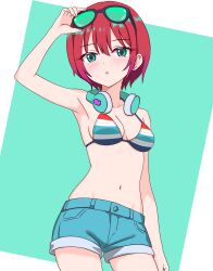 1girl adjusting_eyewear amate_yuzuriha aqua_shorts blue_shorts breasts cowboy_shot denim denim_shorts green-tinted_eyewear green_background green_eyes gundam gundam_gquuuuuux headphones headphones_around_neck highres navel red_hair roy_rx short_shorts shorts simple_background small_breasts solo sunglasses tinted_eyewear