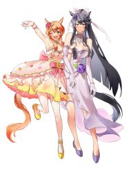 2girls absurdres alternate_costume alternate_hair_length alternate_hairstyle animal_ears ankle_garter bandaid bandaid_on_face bandaid_on_nose bare_shoulders black_hair blush breasts cleavage dress elbow_gloves flower full_body gloves hair_flower hair_ornament high_heels highres horse_ears horse_girl horse_tail large_breasts layered_dress locked_arms long_hair mayano_top_gun_(sunlight_bouquet)_(umamusume) mayano_top_gun_(umamusume) multiple_girls narita_brian_(umamusume) one_eye_closed open_mouth orange_hair pink_dress pink_gloves purple_dress purple_gloves purple_legwear simple_background small_breasts smile standing standing_on_one_leg strapless strapless_dress sweatdrop tail teeth thigh_strap umamusume unneul upper_teeth_only white_background yellow_eyes yellow_legwear