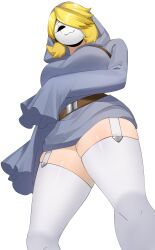 1girl 2024 :3 absurdres belt blonde_hair borrowed_character breasts brown_belt collarbone commentary commission contrapposto cowboy_shot english_commentary from_below garter_straps grey_hoodie hair_over_one_eye highres hood hood_up hoodie itsalza large_breasts legs_apart locket_white_(bakalorin) looking_at_viewer mario_(series) nintendo original shiny_skin shy_gal simple_background sleeves_past_wrists smug standing swept_bangs thick_thighs thighhighs thighs white_background white_mask white_thighhighs