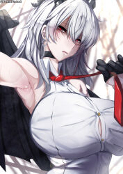 1girl absurdres armpits bare_shoulders black_choker black_gloves black_horns breasts button_gap choker closed_mouth clothes_grab commentary earrings english_commentary gloves grey_hair hair_between_eyes half_gloves highres horns huge_breasts jewelry key_earrings long_hair multicolored_hair necktie necktie_grab neckwear_grab paid_reward_available partially_shaded_face red_eyes red_necktie solo streaked_hair tomodachi_(tomofanart) twitter_username upper_body variant_set wuthering_waves zani_(wuthering_waves)