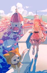 1girl :d ^_^ architecture cat closed_eyes cloud collarbone commentary day dress florence_cathedral frilled_dress frills full_body infinity_nikki kurattes long_hair long_sleeves momo_(nikki) nikki_(nikki) nikki_(series) off-shoulder_dress off_shoulder open_mouth outdoors pink_dress pink_hair pink_shoes shoes smile socks walking white_socks