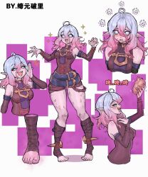 1girl ahoge bare_shoulders barefoot belt blue_eyes blue_hair blush breasts briar_(league_of_legends) colored_skin detached_sleeves drooling gradient_hair hair_between_eyes highres korean_text league_of_legends multicolored_hair multiple_views open_mouth pink_hair pink_skin pointy_ears smile sparkle teeth tiyuanpoli toeless_legwear tongue tongue_out