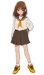 1girl black_sailor_collar black_skirt brown_hair discowars hand_on_own_hip jitome long_hair looking_at_viewer neckerchief orange_shoes original sailor_collar school_uniform serafuku shoes simple_background skirt socks solo white_background white_socks yellow_neckerchief