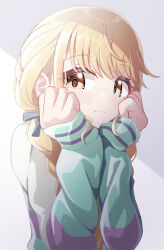 1girl :3 blonde_hair blush braid clenched_hands fujita_kotone gakuen_idolmaster hands_on_own_cheeks hands_on_own_face highres idolmaster jacket light_smile long_sleeves looking_at_viewer minto_yupo multicolored_jacket solo twin_braids upper_body yellow_eyes