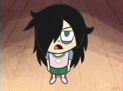 1girl annoyed bags_under_eyes black_hair cartoonized dan_vs. fake_screenshot full_body green_eyes green_shorts hair_over_one_eye highres kuroki_tomoko lolwutburger long_hair looking_up parody shirt shorts signature socks solo standing style_parody t-shirt thick_outlines toon_(style) very_long_hair watashi_ga_motenai_no_wa_dou_kangaetemo_omaera_ga_warui! wooden_floor