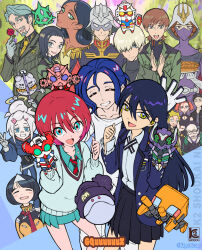 Rule 34 | 6+boys, 6+girls, amate yuzuriha, annqi, aqua eyes, artist name, beanie, bindi, black hair, black hat, black necktie, black skirt, blonde hair, blue hair, blue jacket, brown hair, challia bull, char aznable, closed mouth, collared shirt, commentary request, comoli harcourt, conch (gundam), copyright name, cowboy shot, dark-skinned female, dark skin, deux murasame, elmeth, epaulettes, flower, gfred, glasses, gloves, gquuuuuux, green eyes, green shirt, green skirt, grey gloves, grey hair, grey shirt, group picture, gundam, gundam gquuuuuux, hair between eyes, hair over one eye, haro, hat, helmet, highres, holding, holding flower, jacket, jezzi, k2 shokai, kaine (gundam), kikeroga (gquuuuuux), kycilia zabi, lalah sune, long hair, long sleeves, looking at viewer, miniskirt, mole, mole under eye, mole under mouth, multiple boys, multiple girls, nabu (gundam), necktie, nyaan (gundam gquuuuuux), open mouth, pleated skirt, red flower, red gundam, red hair, red necktie, red rose, rose, rx-78-2 gundam, shiiko sugai, shirouzu (gundam), shirt, short hair, shuji ito, skirt, smile, striped necktie, stuffed toy, twitter username, two-tone necktie, v, v-fin, watermark, white hair, white shirt, xavier olivette, yellow eyes, yellow necktie