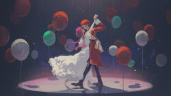 1boy 1girl aiguillette arm_around_waist arm_up balloon belt black_belt black_boots black_pants block_heels boots braid bun_with_braided_base butterfly_hair_ornament chinese_commentary closed_mouth commentary_request confetti dancing dress elbow_gloves epaulettes eye_contact fern_(sousou_no_frieren) floating_hair frilled_dress frills gloves hair_bun hair_ornament hair_slicked_back half_up_braid hano_1219 hetero highres holding_hands jacket long_dress long_hair long_sidelocks long_sleeves looking_at_another military_dress_uniform military_jacket military_uniform official_alternate_costume official_alternate_hairstyle pants red_hair red_jacket reflective_floor sash scar scar_on_face scar_on_forehead scene_reference shadow shoes short_hair short_sleeves shoulder_sash sidelocks single_hair_bun sousou_no_frieren spotlight stark_(sousou_no_frieren) white_dress white_gloves white_sash white_shoes