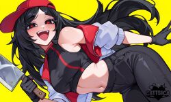 1girl armpit_peek artist_logo backwards_hat bare_shoulders baseball_cap black_gloves black_hair black_pants black_shirt breasts butcher_vanity_(synthesizer_v) cattsica cleaver commentary crop_top english_commentary gloves hat heart highres holding holding_cleaver jacket logo long_hair looking_at_viewer medium_breasts midriff navel open_clothes open_jacket open_mouth pants red_hat red_pupils shirt simple_background solo synthesizer_v vimalion_pro white_jacket yellow_background yi_xi_(synthesizer_v)