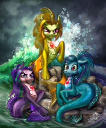 adagio_dazzle adagio_dazzle_(siren) alternate_form animal_ears aqua_eyeshadow aqua_hair aqua_skin aqua_tail aria_blaze aria_blaze_(siren) arm_fins blonde_hair chest_jewel closed_mouth colored_skin cropped evil_grin evil_smile eyeshadow fins fish fish_tail full_body gem glowing_gem green_hair grin harwicks-art hippocamp hooves horse_ears long_hair looking_at_viewer makeup multicolored_hair my_little_pony my_little_pony:_friendship_is_magic ocean orange_hair parted_bangs pink_eyes purple_eyes purple_eyeshadow purple_hair purple_skin purple_tail red_gemstone rock scales siren_(mythology) sitting smile sonata_dusk sonata_dusk_(siren) tail two-tone_hair v-shaped_eyebrows waves yellow_eyeshadow yellow_skin yellow_tail