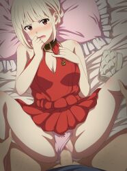 1boy 1girl absurdres artist_name bag bare_shoulders bed_sheet blonde_hair blush boy_on_top breasts brown_collar censored cleavage clothed_sex clothing_aside clutch_purse collar dress eufoniuz frilled_pillow frills from_above hand_to_own_mouth handbag hetero highres jewelry leg_grab looking_at_viewer lycoris_recoil lying medium_breasts missionary mosaic_censoring nishikigi_chisato on_back open_mouth panties panties_aside pendant penis pillow pink_panties pink_pillow pov pov_crotch pussy red_dress red_eyes revision sex short_hair spread_legs thighs underwear vaginal