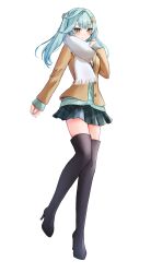 Rule 34 | 1girl, absurdres, alternate costume, black boots, blue cardigan, blue hair, blue nails, blue skirt, blush, boots, brown jacket, cardigan, closed mouth, commission, double-parted bangs, faruzan (genshin impact), full body, genshin impact, green eyes, hair ornament, high heel boots, high heels, highres, jacket, long hair, long sleeves, netarou (netarou 25), pixiv commission, plaid clothes, plaid skirt, scarf, school uniform, simple background, skirt, sleeves past wrists, smile, solo, symbol-shaped pupils, thigh boots, thighhighs, triangle-shaped pupils, twintails, white background, white scarf, x hair ornament, zettai ryouiki