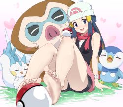 1girl arm_support bare_legs barefoot beanie black_shirt black_shorts blue_eyes blue_hair blurry blurry_foreground blush breasts commentary_request dawn_(pokemon) feet feet_on_toy foreshortening gen_4_pokemon hair_ornament hairclip hat head_tilt highres holding_with_feet knees_up legs long_hair looking_at_viewer mamoswine multiple_others nintendo open_mouth pachirisu pink_skirt piplup poke_ball_print pokemon pokemon_(anime) pokemon_(creature) pokemon_dppt_(anime) poketch rauto red_scarf scarf shirt shorts shorts_under_skirt sidelocks sitting skirt sleeveless sleeveless_shirt small_breasts soles thighs toes watch white_background white_headwear wristwatch