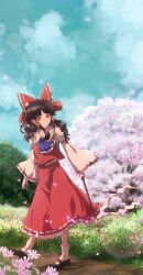 1girl ascot black_shoes blue_ascot blue_sky bow brown_hair cherry_blossoms closed_mouth cloud collared_shirt commentary_request day detached_sleeves falling_petals flower frilled_bow frilled_hair_tubes frilled_shirt_collar frilled_skirt frills full_body gohei grass hair_bow hair_tubes hakurei_reimu highres holding holding_gohei kakera_(comona_base) long_hair long_sleeves mary_janes outdoors petals pink_flower red_bow red_eyes red_shirt red_skirt ribbon-trimmed_skirt ribbon-trimmed_sleeves ribbon_trim shirt shoes skirt sky sleeveless sleeveless_shirt socks solo standing touhou tree white_socks wide_sleeves