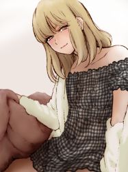 Rule 34 | 1boy, blanket, blonde hair, blunt bangs, buttons, cardigan, crossdressing, dress, gingham, head tilt, looking at viewer, male focus, medium hair, naughty face, off-shoulder dress, off shoulder, original, pov, seira (yuki touko), trap, yuki touko