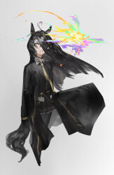 1girl ahoge animal_ears belt black_belt black_choker black_gloves black_pantyhose black_shirt black_skirt choker coat collared_shirt donutsu5 ear_tag earrings floating_hair frilled_skirt frills gloves grey_background grey_hair hair_over_one_eye highres horse_ears horse_girl horse_tail jewelry long_bangs long_hair manhattan_cafe_(umamusume) multicolored_hair necktie open_clothes open_coat pantyhose parted_lips pleated_skirt shirt simple_background single_earring skirt solo tail umamusume very_long_hair yellow_eyes yellow_necktie