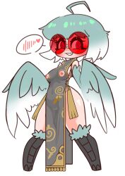 1girl @_@ absurdres ahoge bare_shoulders bird_legs black_dress blush borrowed_character china_dress chinese_clothes commentary dress feathered_wings feathers gradient_wings green_feathers green_hair green_wings harpy highres monster_girl multicolored_wings nipple_cutout nipples nn_(eogks) original red-tinted_eyewear short_hair side_slit simple_background solo spoken_blush sunglasses tinted_eyewear white_background winged_arms wings