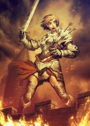 1girl animification armor arrow_(projectile) blue_eyes brown_hair castle female_focus fire genzoman gloves jeanne_d&#039;arc level-5 open_mouth real_life short_hair solo sword tower wall war weapon