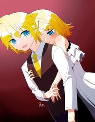 1boy 1girl 5mime5 :t absurdres adolescence_(vocaloid) kagamine_len_(adolescent_knight) ahoge angry annoyed bare_shoulders blonde_hair blue_eyes camisole collared_shirt dutch_angle frilled_camisole frills hair_ornament hairclip half-closed_eyes head_on_another&#039;s_shoulder highres hug hug_from_behind kagamine_len kagamine_rin kagamine_rin_(adolescent_princess) light_blush necktie ponytail pout shirt short_hair short_ponytail vocaloid white_camisole yellow_necktie